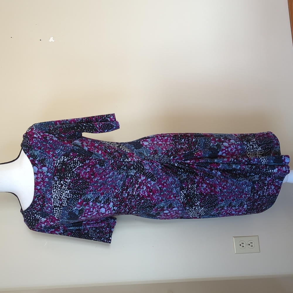 Jones NY Drape Ruched Lined Dress 12 Black Purple Pattern Print